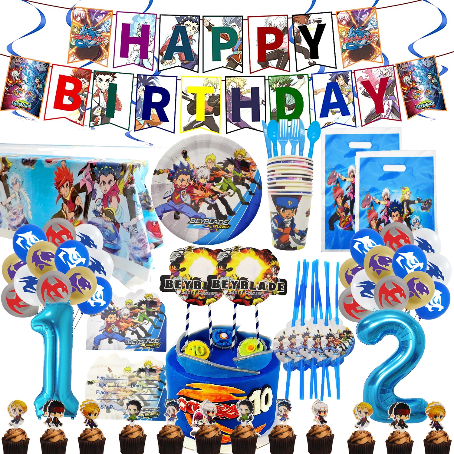 Beyblade Geburtstag Party Supplies Favor Platten Tassen Strohhalme Banner Kuchen Topper Luftballons Cartoon Dekorationen für Jungen und Mädchen