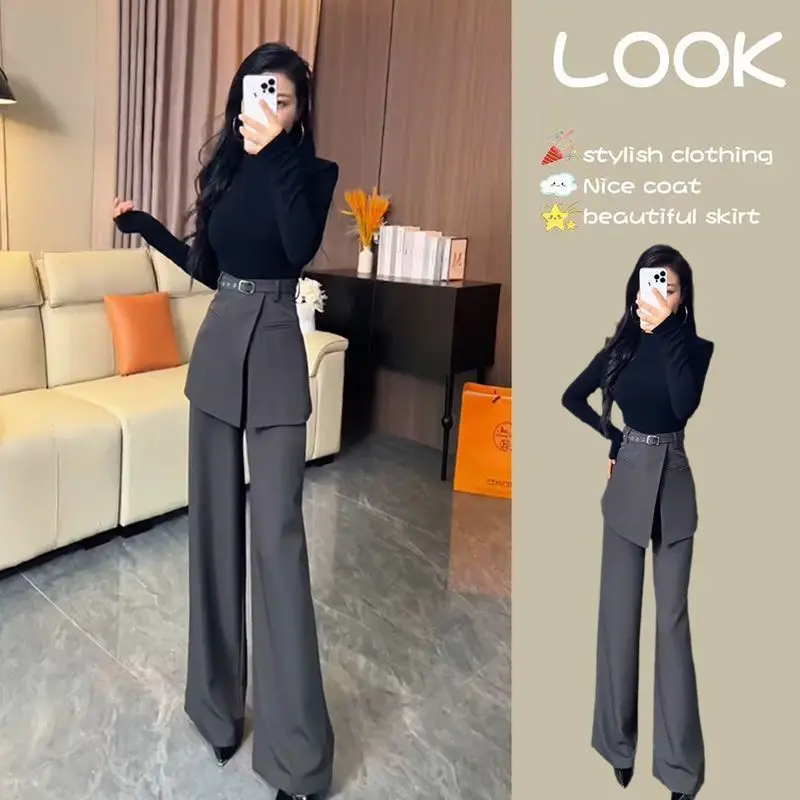 New Fashion Fake Two Piece Women's Pants Spring Autumn Elegant Casual High Waist Slim Wide Leg Trousers Solid Color Skirt Pants