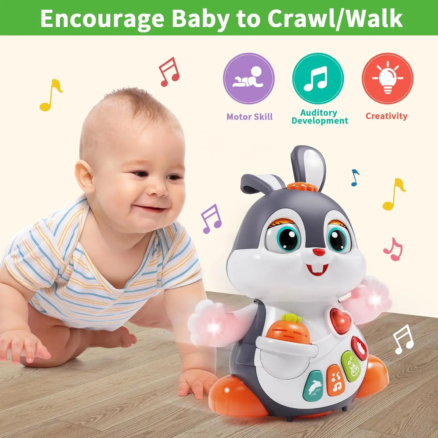 Musical Easter Bunny Toy, Dancing Crawling Tummy Time with Lights, Infant Learning Easter Gift & Basket Stuffer for Boys Girls view 2