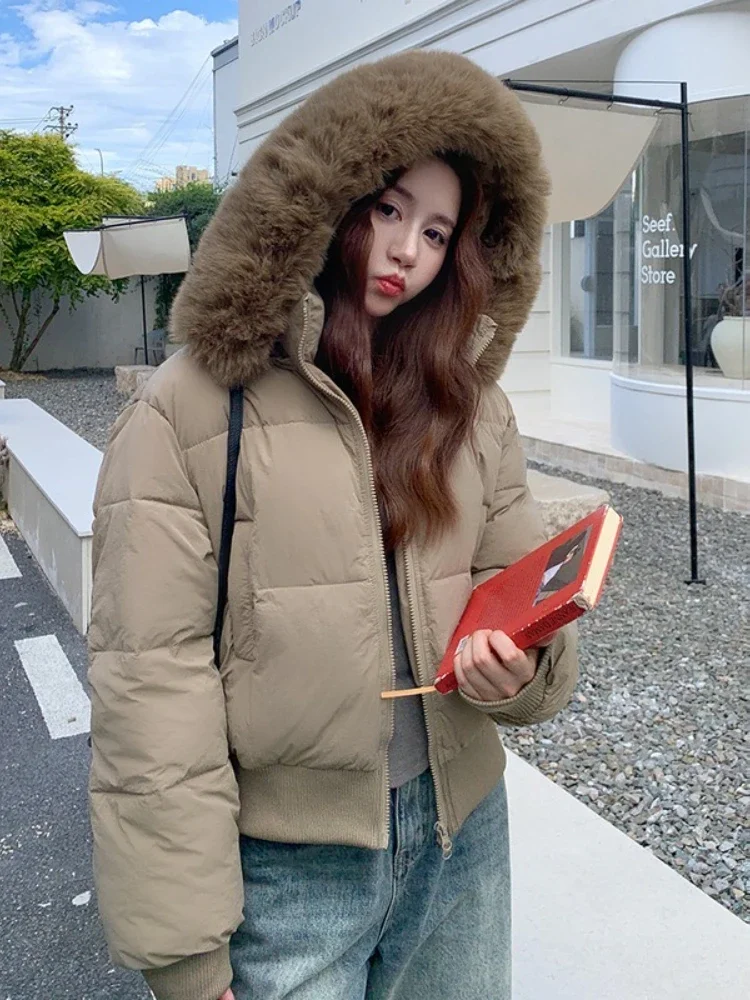 두꺼운 여성용 겨울 2025 재킷 한국 스타일 다운 코튼 코트 캐주얼 따뜻한 퍼 후드 크롭 파카 시크 스트리트웨어 ﻿