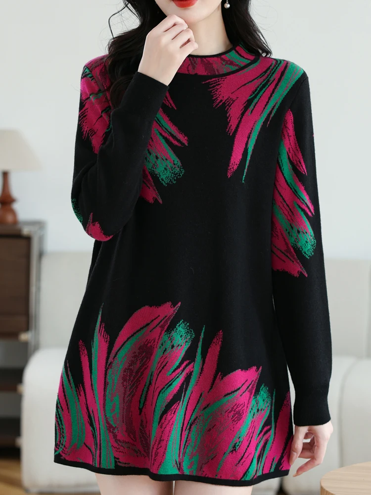 

Floral print Sweater Dress Woman Autumn Winter Pullover Femme Women Clothing Long Sleeve Top Casual Long Knitwear Sweaters