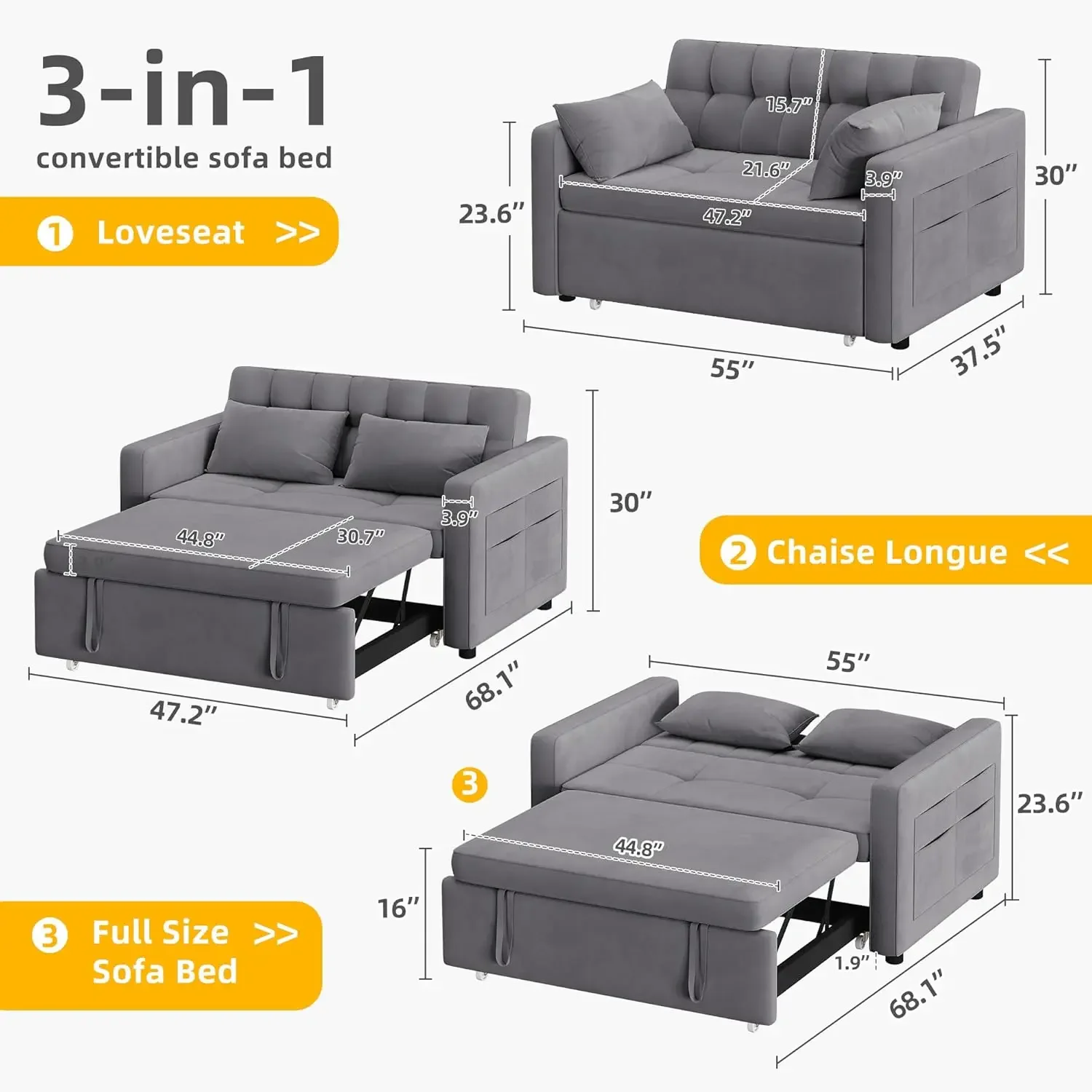 Cat-Scratch-Proof Fabric Futon Couch with Reclining Backrest and Side Pocket, Loveseat for Living Room, Grey, Full Size