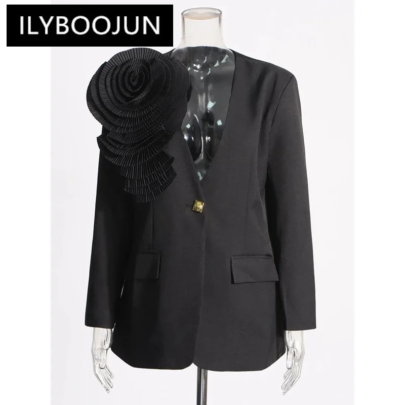 ILYBOOJUN Solid Patchwork Appliques Blazers For Women V Neck Long Sleeve Spliced Pockets Casual Loose Blazer Female Fashion