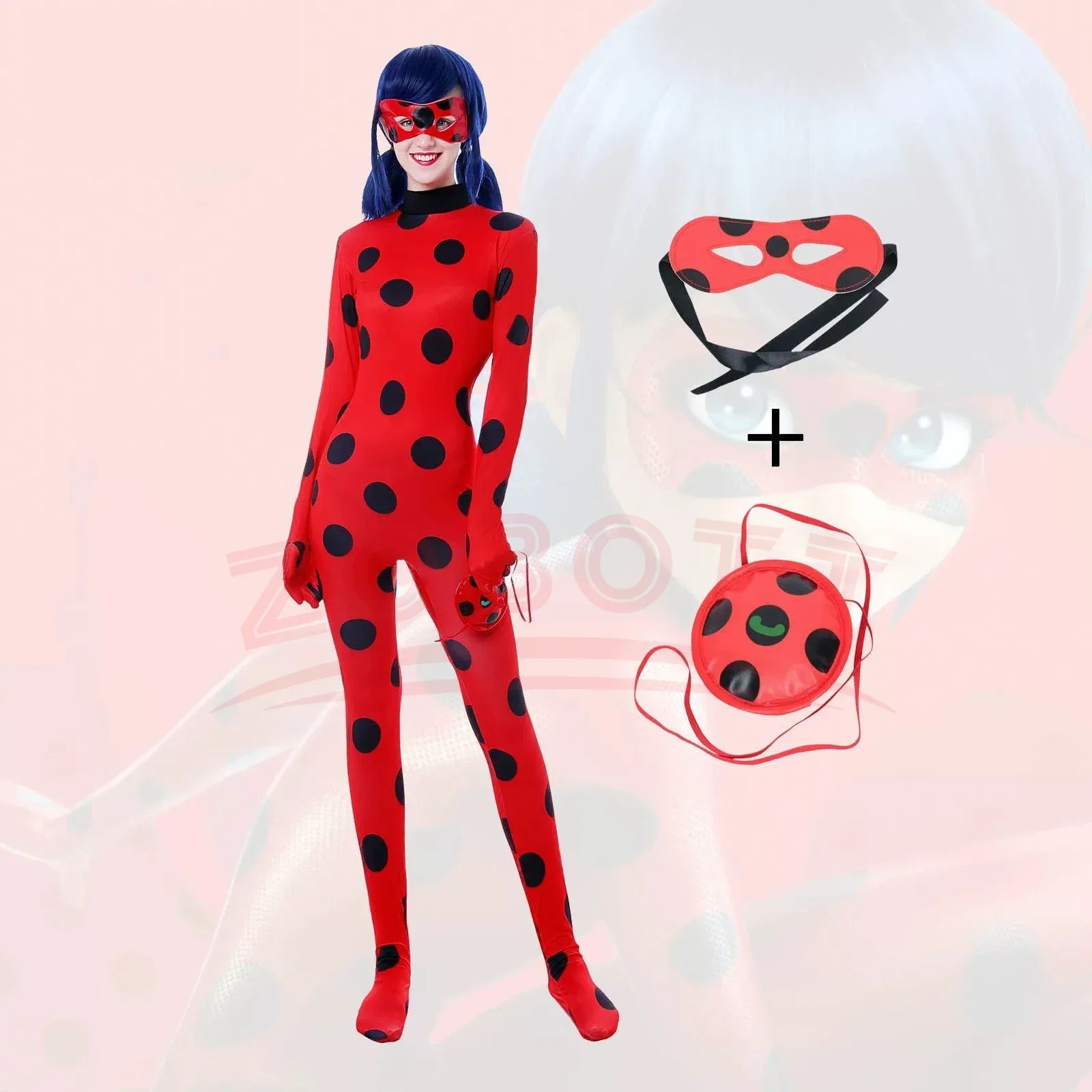 Adult Anime Ladybug Onesie Costume Set with Wig and Accessories Unisex Halloween Newborn Onesie Accessoires Halloween Pasgeboren