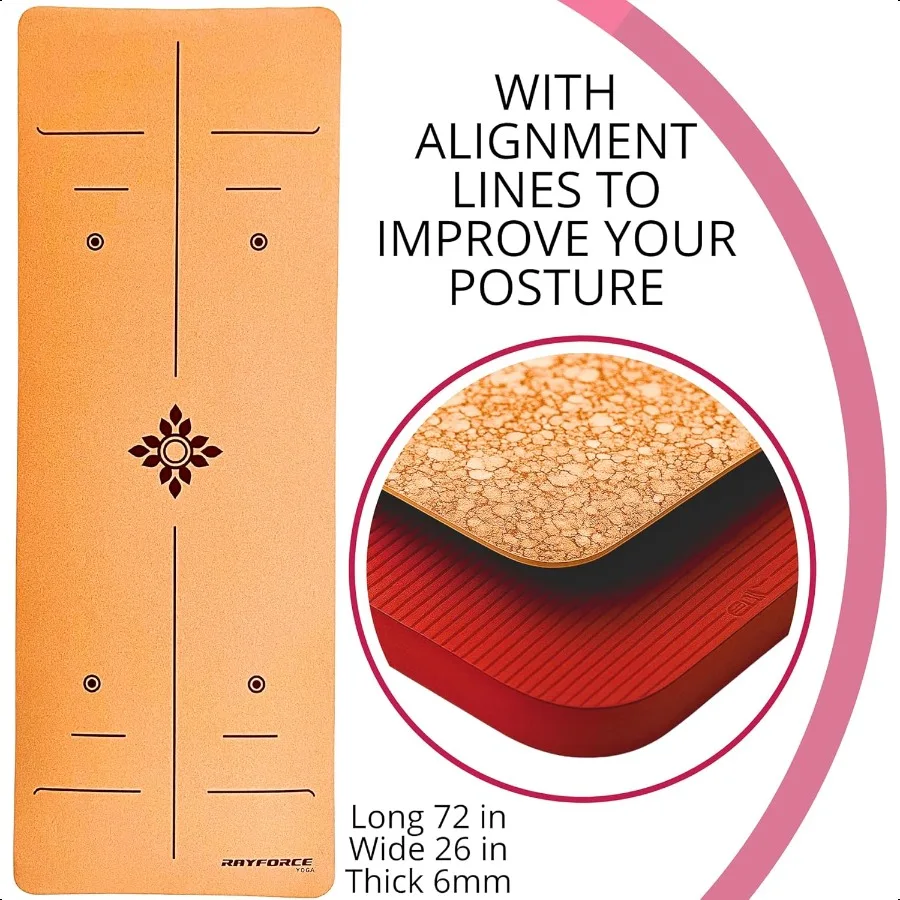 Premium kurk yoga- en pilatemat 72x26in 6mm antislip XL oefenmat met uitlijningslijnen extra kussen en draagriem groen