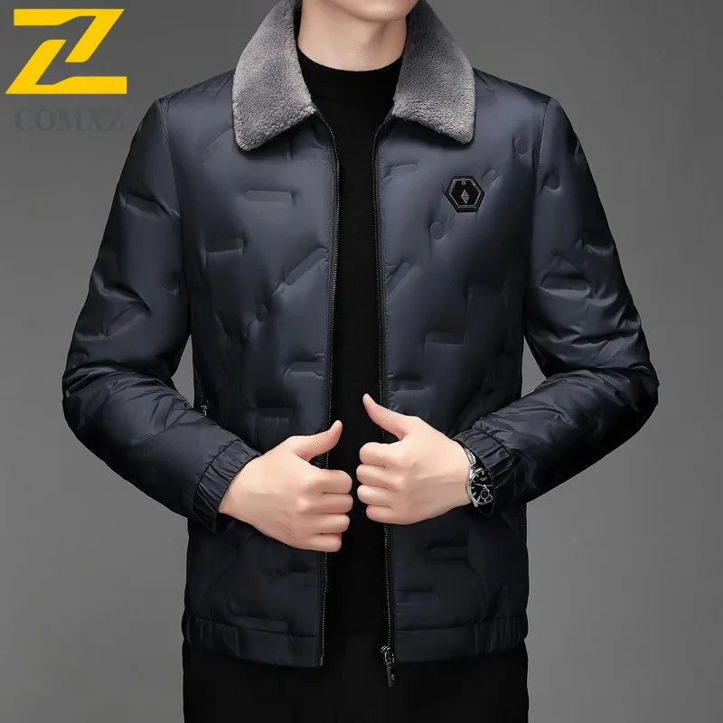 

COMXZ Мужская стеганая куртка с меховым воротником, роскошная легкая ветрозащитная рабочая стеганая куртка высокого качества, зимняя куртка с защитой от холода