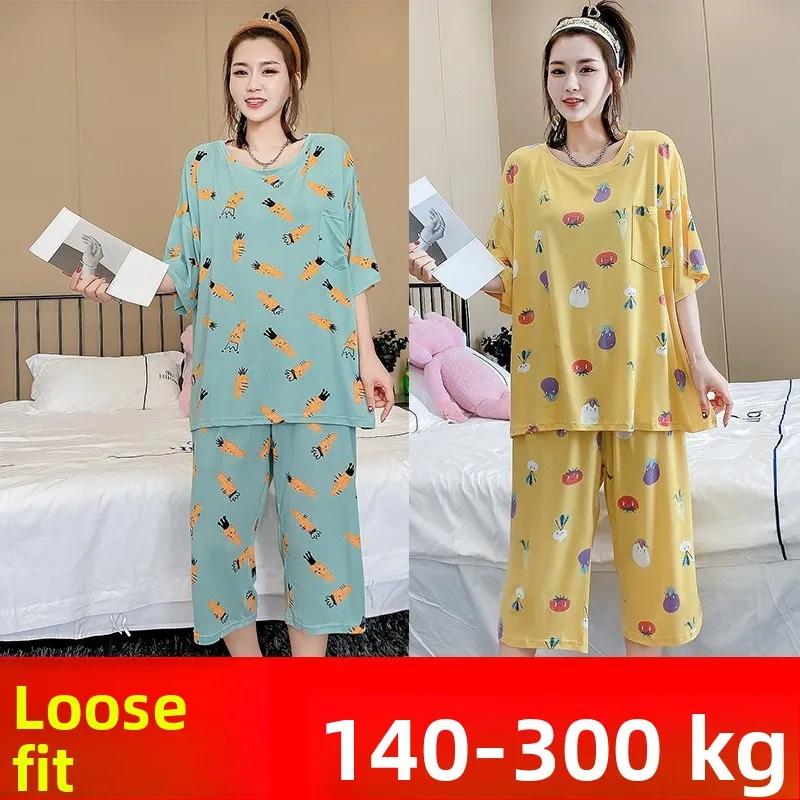 

Summer New plus Size Women's Sleepwear Set Loose Short Sleeve Seven-Foot Pants Home Clothes Comfortable Breathable Thin Model