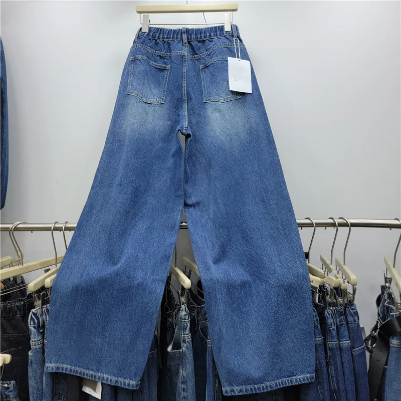 ANJY Spring Autumn New Women Heavy Button Design Patchwork Wide Leg Denim Pants Washed Distressed Retro High Street Jeans A28223