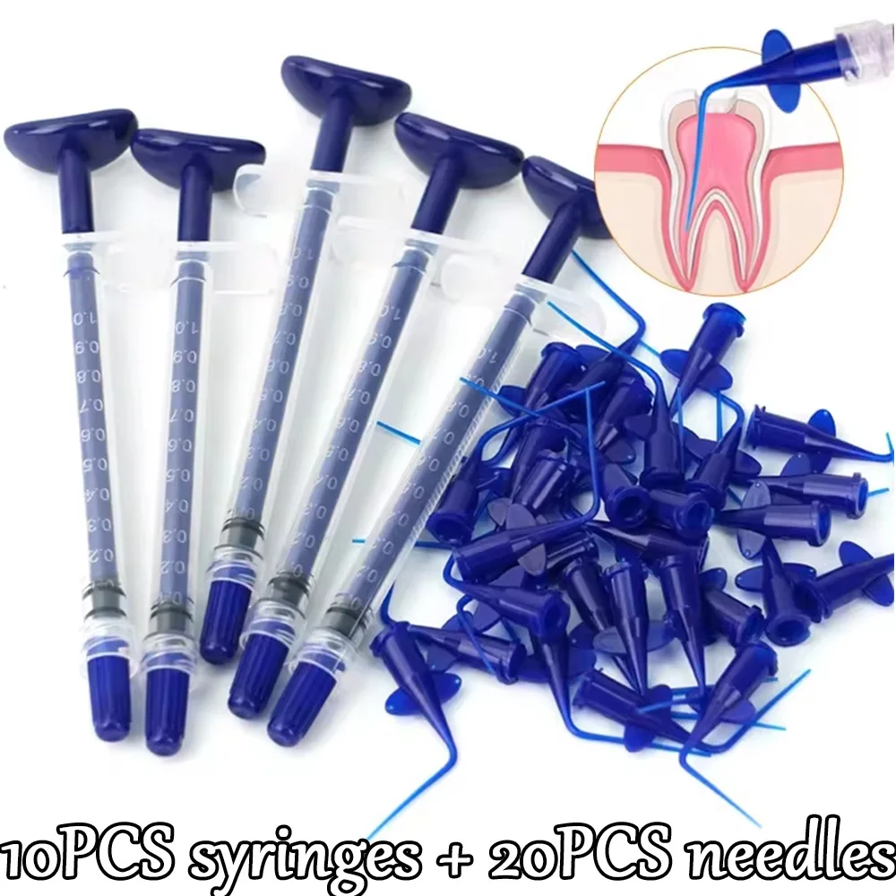 Dental Root Canal Irrigation Syringe Set, 10 Syringes + 20 Curved Irrigation Needles, Graduated Dental Delivery Needles, Curved Tips, for Root Canal Irrigation, Resin Delivery, and Teeth Whitening Agent Application