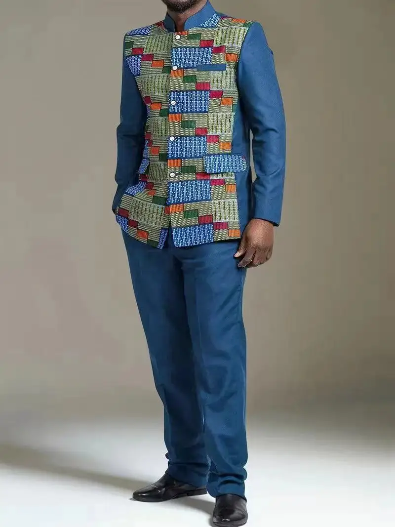 

Men's African Kaftan Set, Long Sleeve Round Neck Blouse & Pants Elegant Muslim Wedding Party 2 Piece Suit for Men