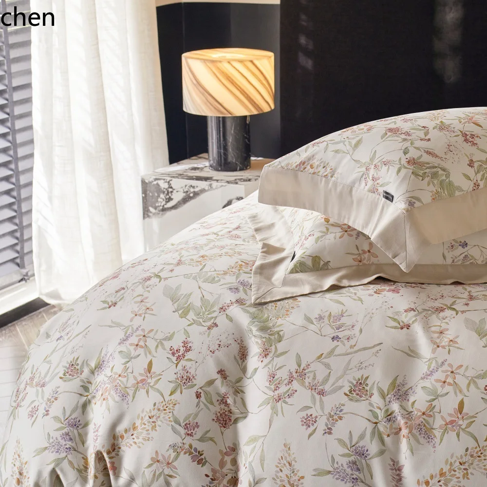 H1 High-end Autumn-Winter 100-count Ultra-fine Denier Tencel Cotton Brushed Four-piece Set, Soft and Thick Printed Duvet Cover