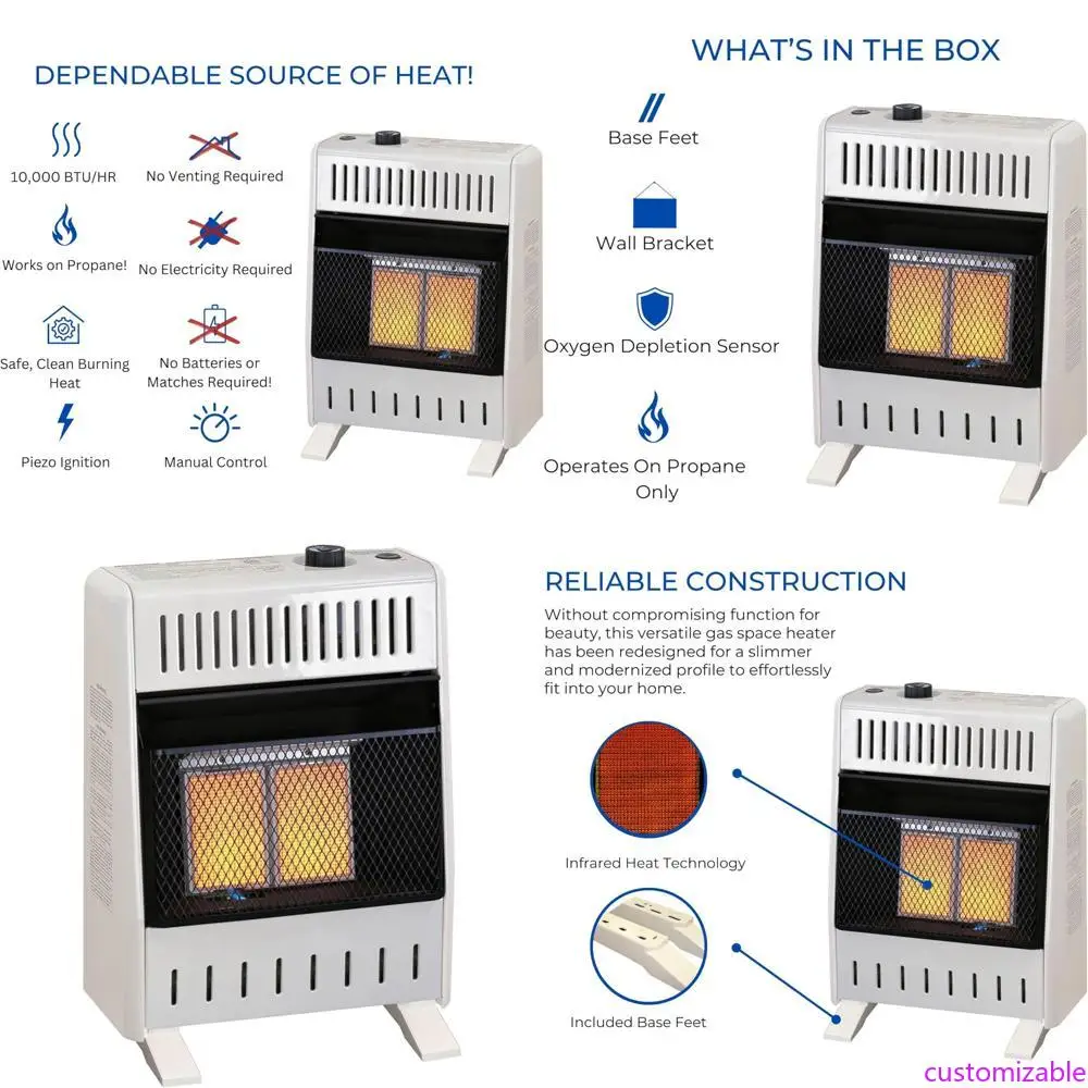 

10,000 BTU Liquid Propane Infrared Wall Heater with Manual Control and Base Feet - Model ML100HPA-B