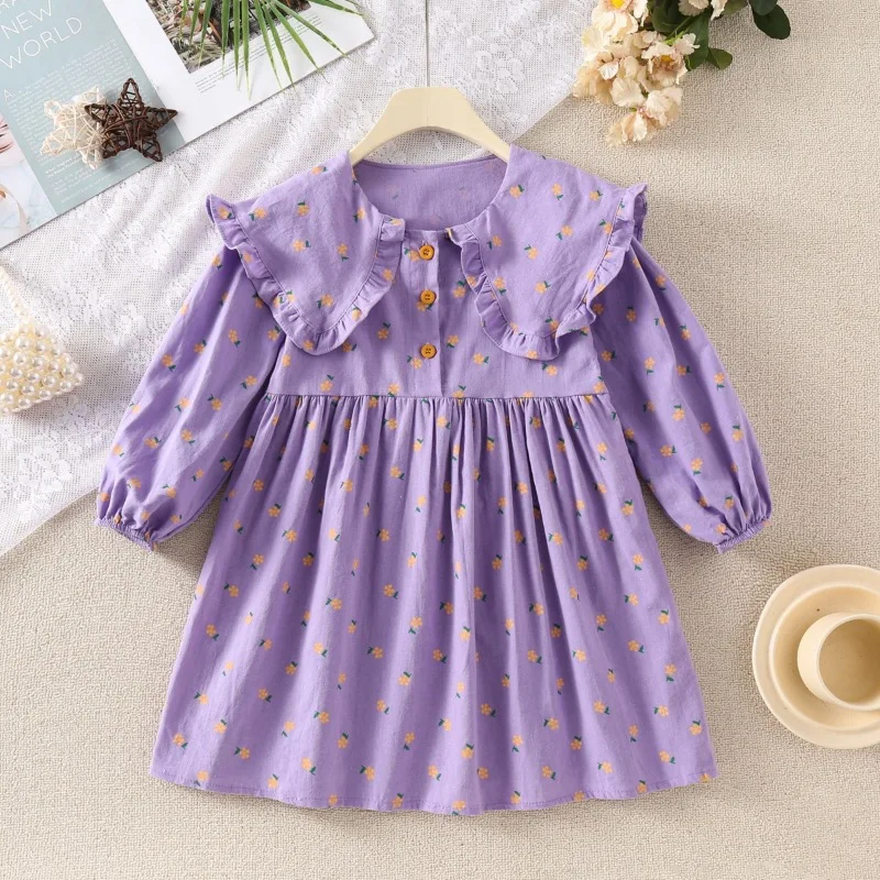 

Spring Girls Dress Long Sleeve Lapel Floral Dress Princess Dresses Kids Dress Toddler Girl Clothes Children Casual Clothing 2-7Y