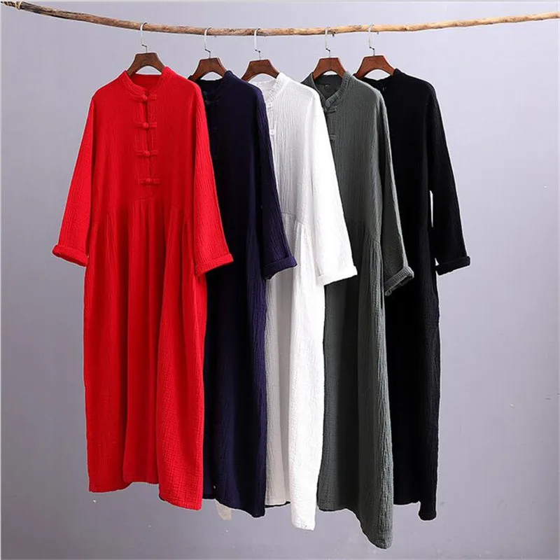 

Hot sale Autumn cotton linen Long Dress Chinese Style Mandarin Collar Button Cotton Maxi Dress Vestidos Red Black Plus Size