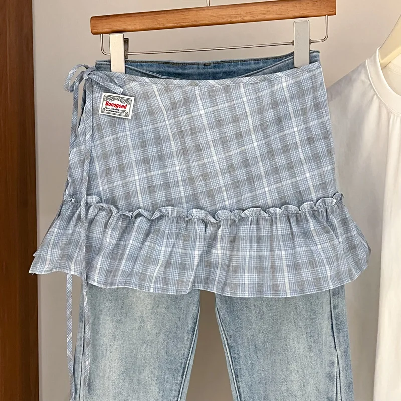 Versatile Casual Plaid Fart Curtain Stacked Through Lace-up Personalized Wear Trendy Fashion Cotton Plaid Cake Skirt Curtain