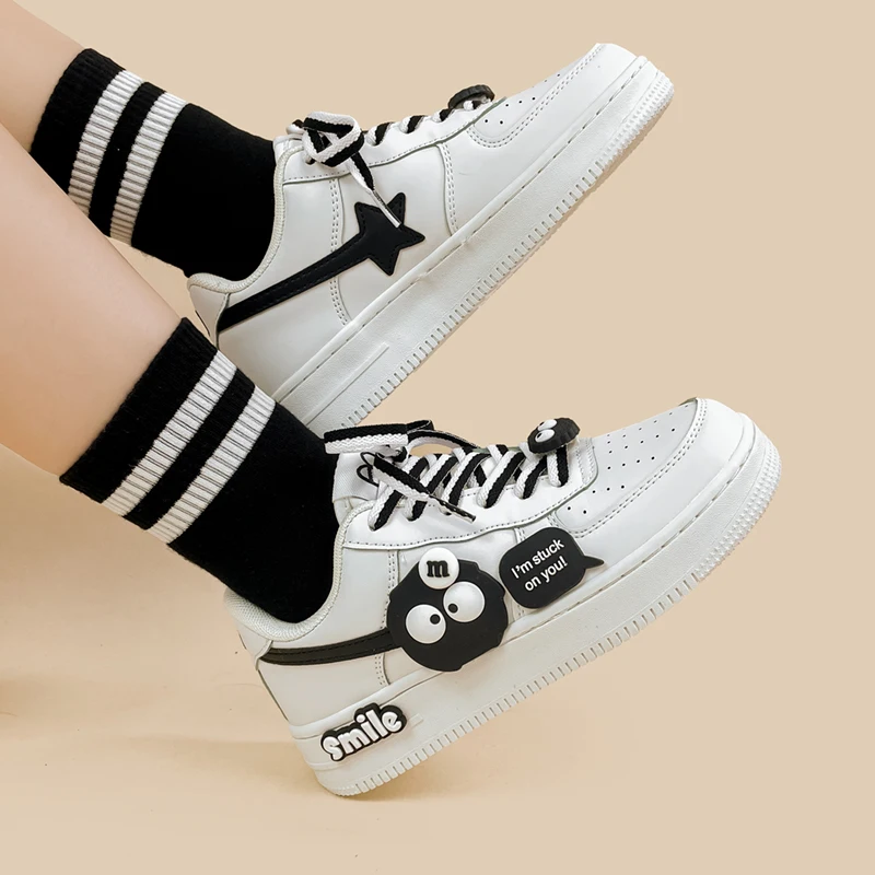 Amy and Michael Cute Cartoon Shoes 2024 Autumn New Women White Flat Casual Sneakers Teenagers Students Low Top Sports Trainers