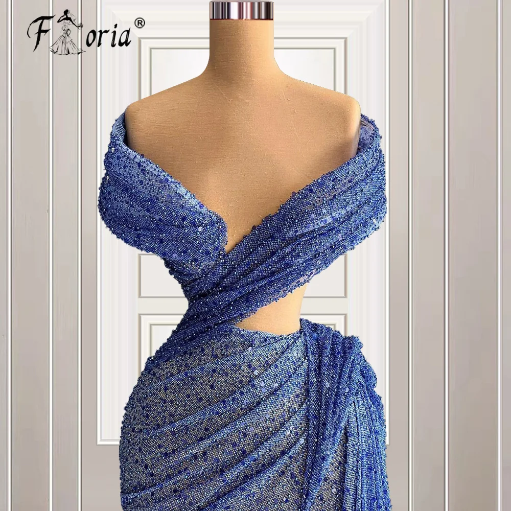 Vestido de noche azul elegante para fiesta, Vestido largo de lujo con cuentas de sirena, Tallas grandes