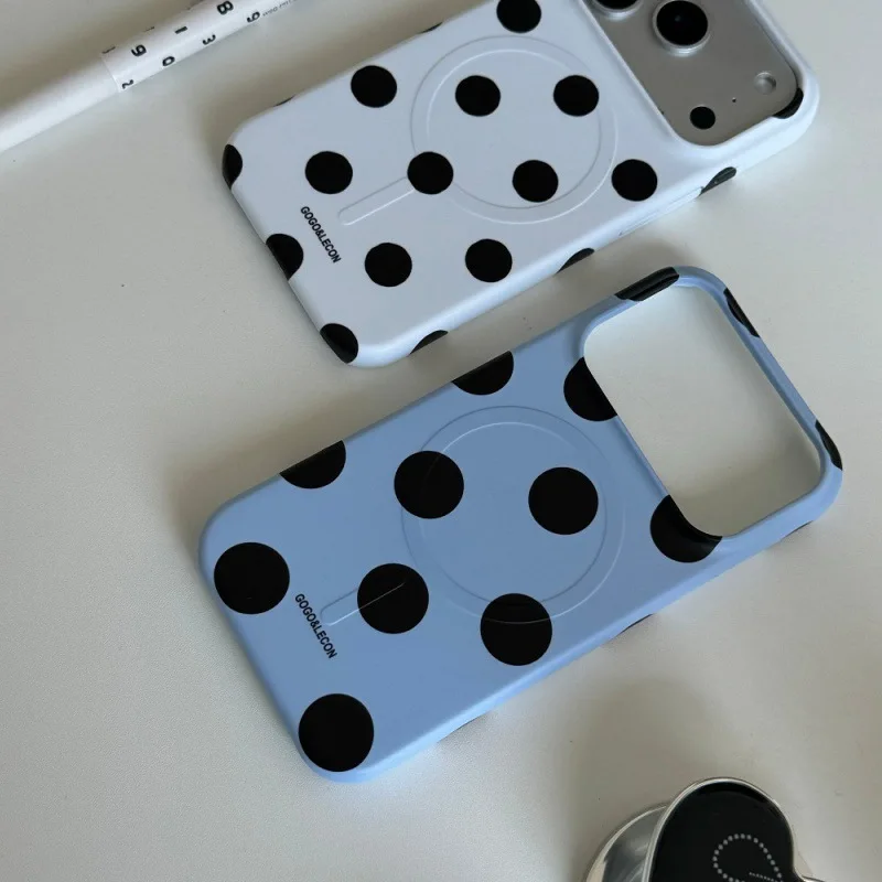 Cute Light Blue Polka Dot for MagSafe Phone Case for IPhone 17 16 15 14 Pro Max Magnetic Black Heart Grip Stand Aesthetic Protec