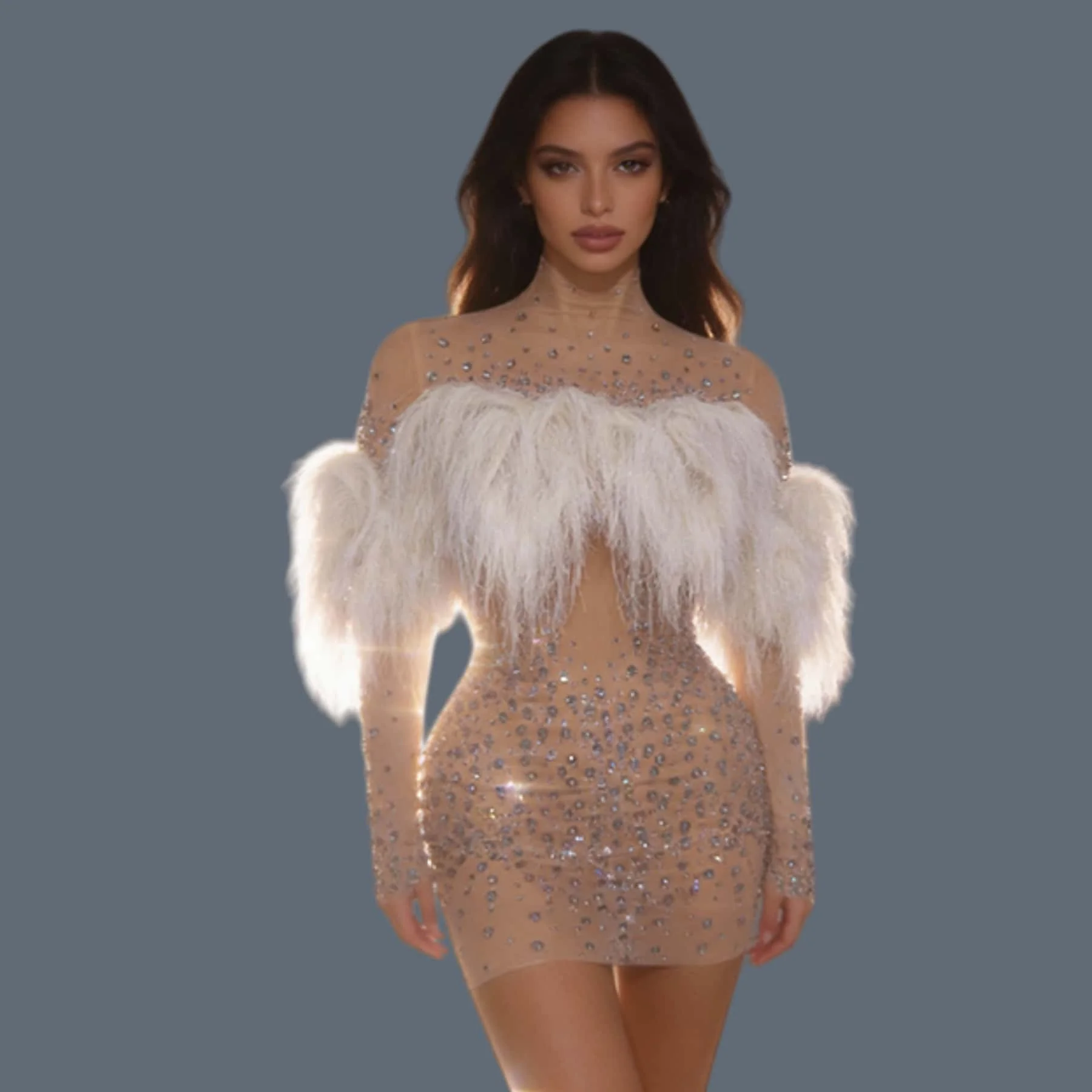 

Shining Rhinestones Dress Women Sexy Feathers Ball Gown Mini Dress Bar Singer Celebrate Club Night Performance Costumes Lianxi