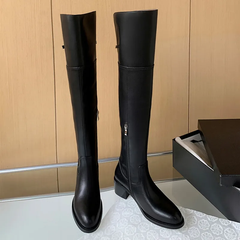 

MKKHOU Fashion Knee Over Boots Women's New High Quality Genuine Leather Boots Simple Winter Boots Modern Thigh Boots Women