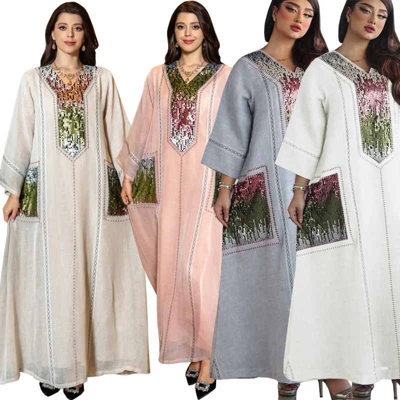 

HandcraftedEmbroidered Dress Sparkling Sequin VNeck Dress Plus Size MiddleEastKaftan Dress Long Sleeve FloorLength Gown