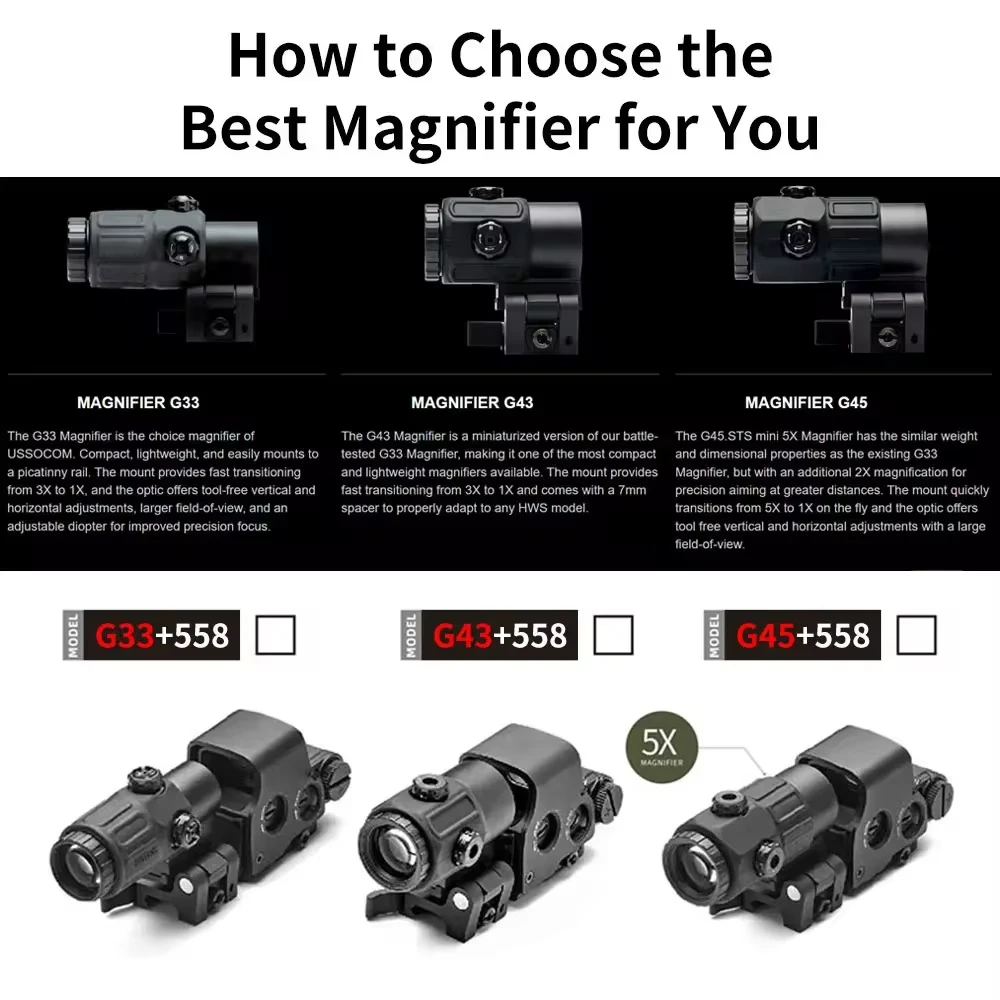 558+G33/G43 Taktisches holografisches Zielfernrohr, 3-faches Vergrößerungszielfernrohr, Red Dot Optic Sight mit/20 mm Schienenhalterungen und