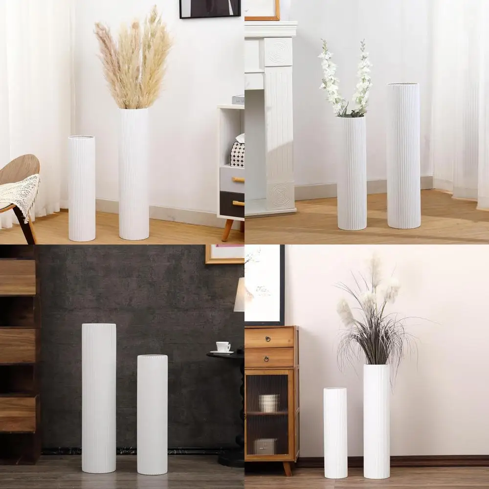 

Пара больших белых металлических ребристых напольных ваз для декоративного оформления различных помещений