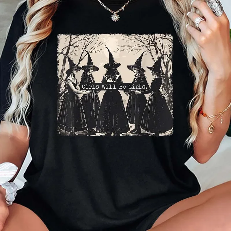 GIRLS WILL BE GIRLS Witch in the Forest Print Sport Crew Neck T-shirts Spring Summer Short Sleeve T-shirts Tops Loose Shirt