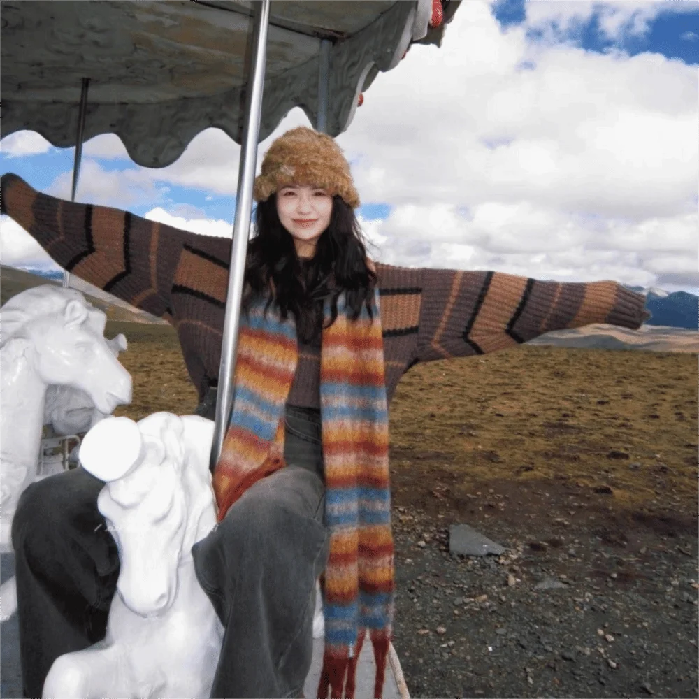 Eleganter Regenbogen-Streifen Wollschal mit Quasten, Plüsch-Winter-Kaschmirschal, Mohair, Warmer Langer Schal für Herren – Detail 3