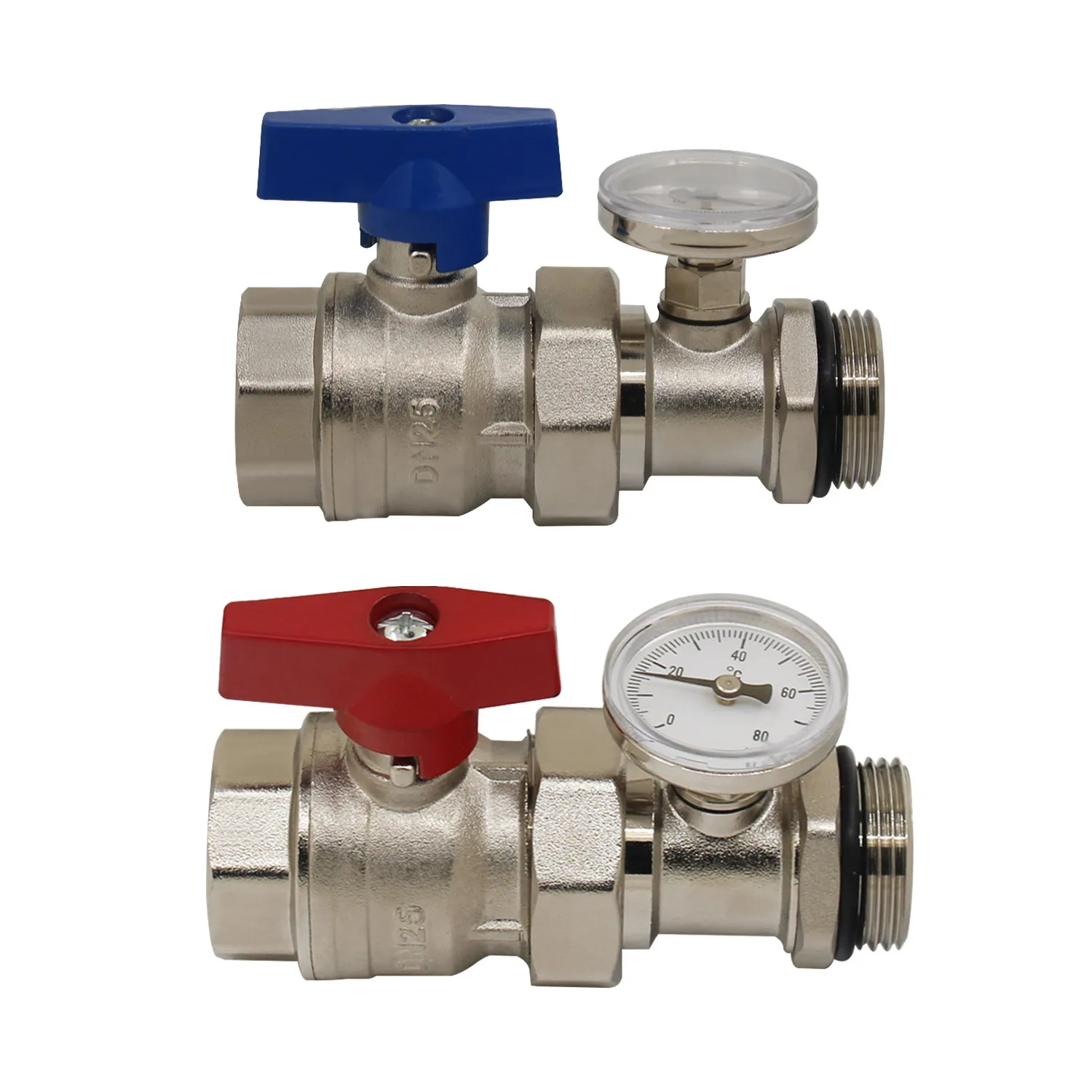 Floor heating water separator brass ball valve with thermometer red and blue butterfly aluminum handle 1set