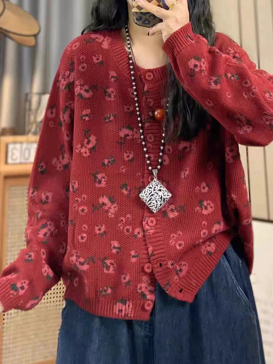 

Retro Floral Cotton Knitted Open Cardigan Women's Spring Autumn Loose Long Sve Sweater Outerwear Lazy Sle Trendy Top