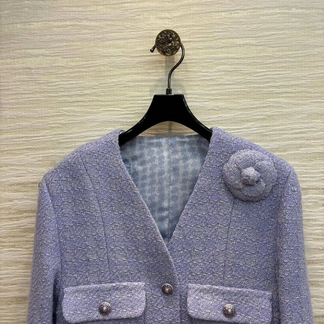 2024 Early Autumn Purple Wool Blends Tweed Jacket Women V-neck Long Sleeve Flower Brooch Patchwork Houndstooth Cuff Retro Coat