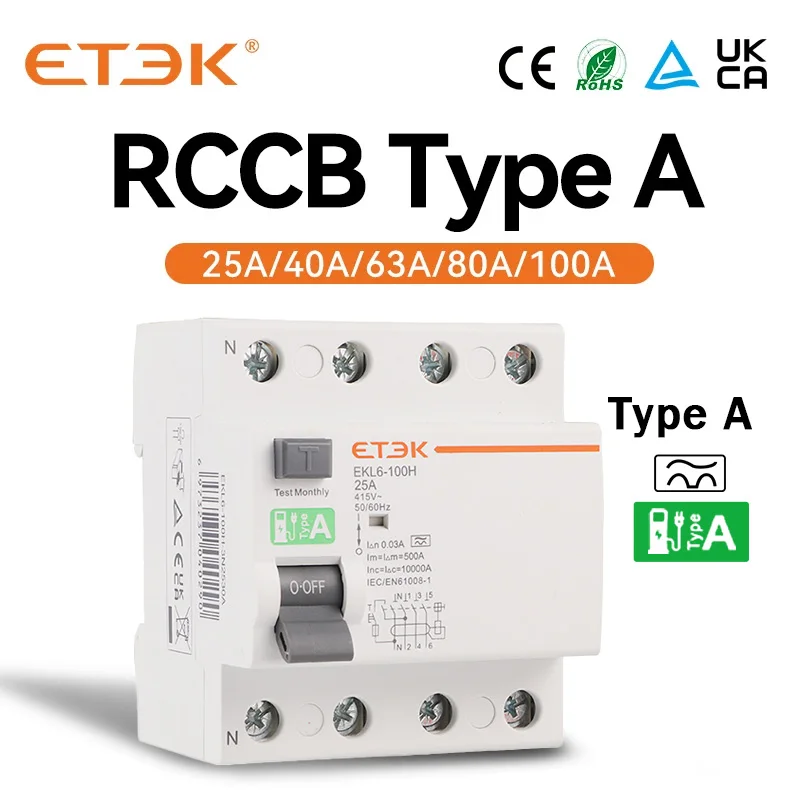 ETEK tipo A RCD RCCB interruttore differenziale elettromagnetico 30ma 2 Pole10KA 3P + N 4P 40A DC 230V EKL6-100H