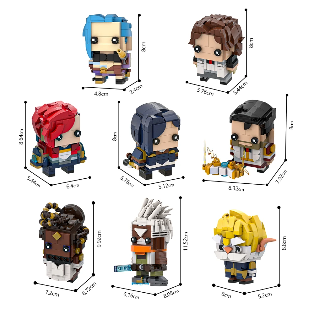 MOC Anime Arcanes 그림 BrickheadZ 모델 빌딩 블록 과학자 Jayce Caitlyn Jinx Vi 전사 영웅 액션 인형 벽돌 장난감 선물