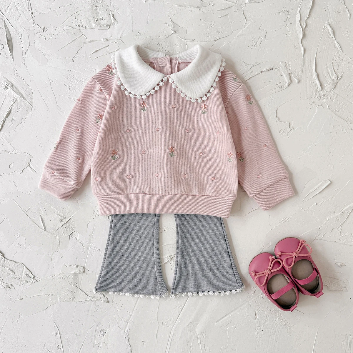 Baby Girl Floral Outfit Set Peter Pan Collar Long Sleeve Top + Flare Pants Toddler 2Pcs Cute