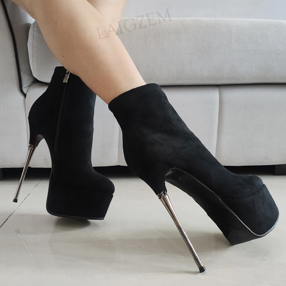 LAIGZEM Women Ankle Boots Real Suede Platform Zip Up Siletto High Heels Boots Party Club Dance Ladies Shoes Woman Size 35 37 39