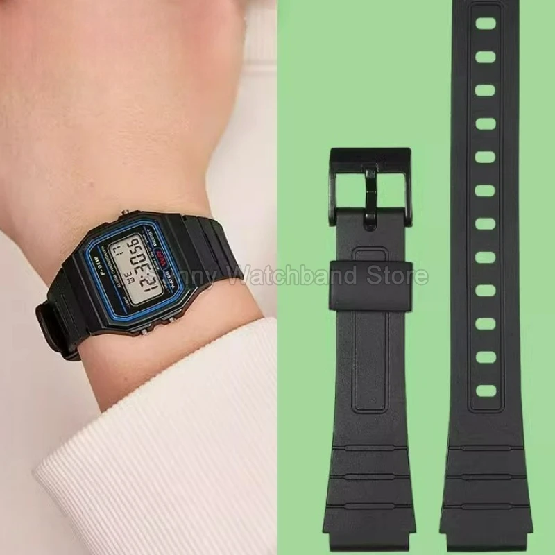 Resin Watch Strap 18mm for Men and Women for Casio Watch Band F-84/91W/94/105 Convex Interface Black Silicone Watch Chain