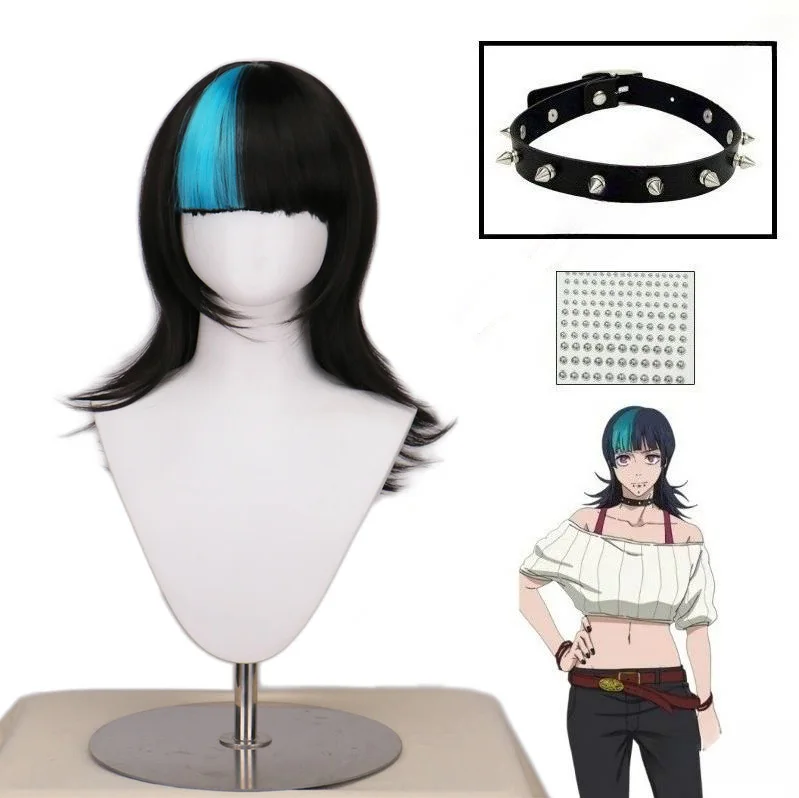 Schwarz-blaue schulterlange Kirara Hoshi Cosplay-Perücke Jujutsu Kaisen für Kinji Hakari Halloween-Party Rollenspiel Kinji Hakari Perücke