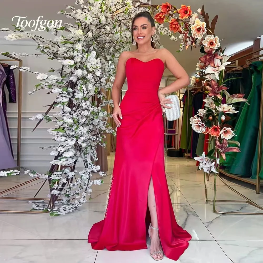

Toofgon Sweetheart Elastic Satin Prom Dress Red Mernaid Evening Dress Strapless Lace Up Robe De Soirée Femme Customized