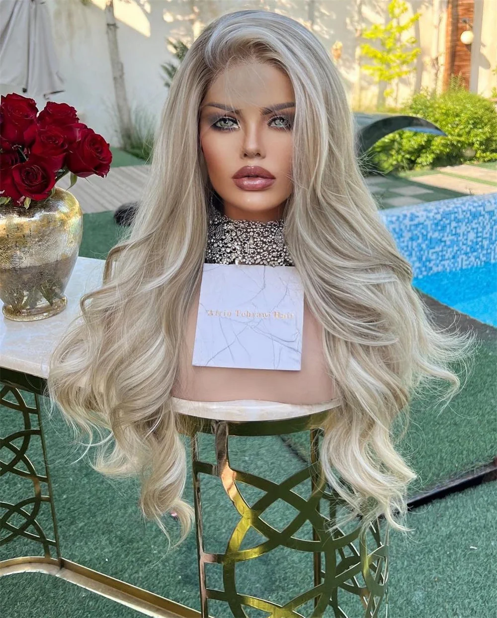 Long Luxury Womens Wig Light Blonde Ash Highlights Synthetic Fiber Loose Wave Wig 13x4 Glueless Lace Front Wig Cosplay Party Use