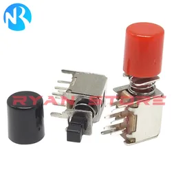 20PCS PS-22F03 A03 Right Angle PCB Latching Push Button Switch Double Pole 6Pin Self-locking Key Power Switches With Cap Red