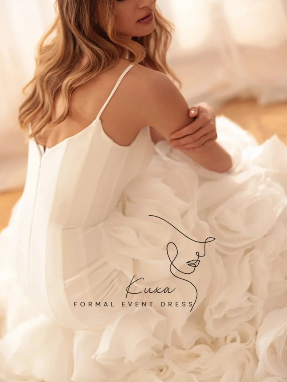 KUXA Vestido De Noiva Wedding Dress Customized Spaghetti Straps Scoop Neck Ruffles Organza Flowers Sweep Train Bridal Gown 2026