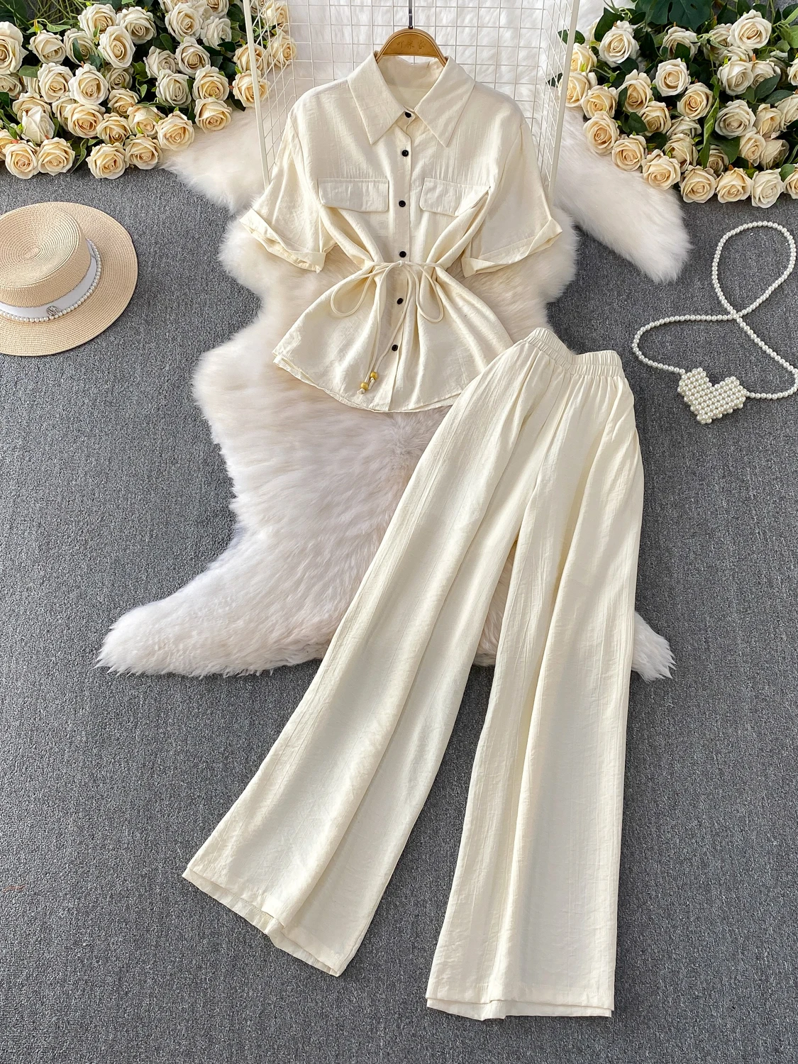 

Корейский женский комплект Irt ort Sve с воротником на одной пуговице и высокой талией, широкие брюки, летний комплект с завязкой на талии