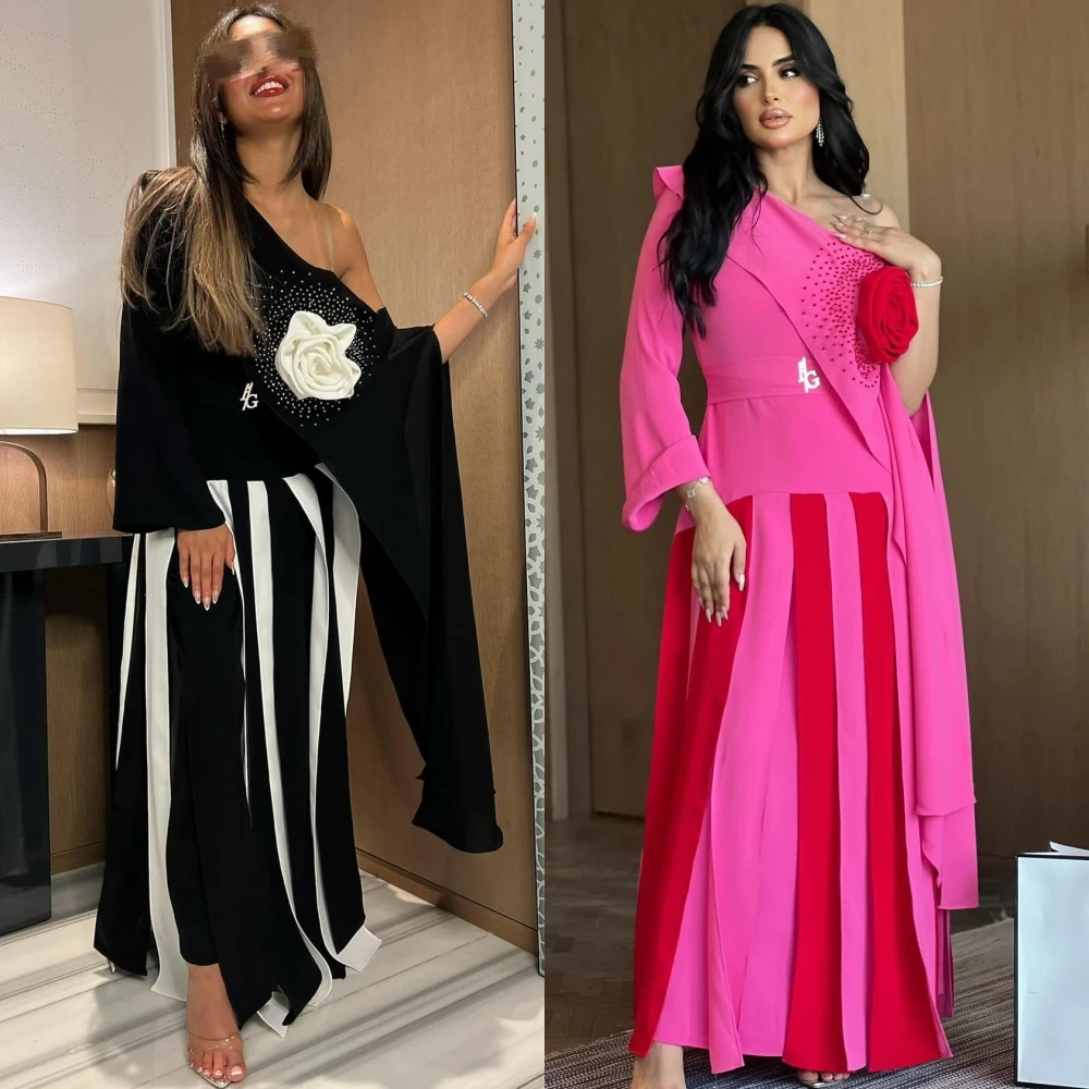 Customized Unisex Jersey Flower Beading Ruched A-line One-shoulder Long Dresses Evening Dresses Chinese Style Formal Casual Simp