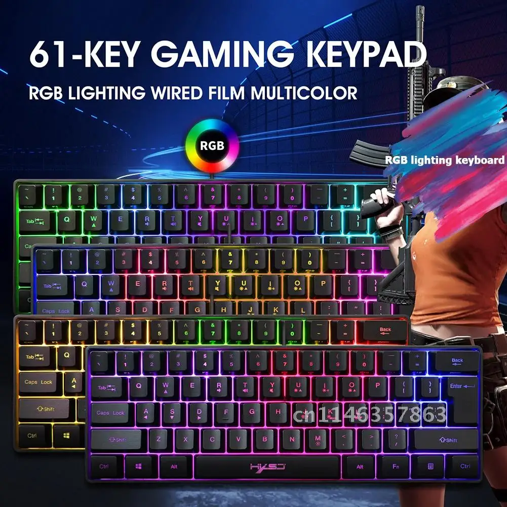 Adjustable RGB Backlit Wired Gaming Keyboard 61 Keys Mechanical Feeling Multiple Shortcut for PC Laptop Computer Gamer