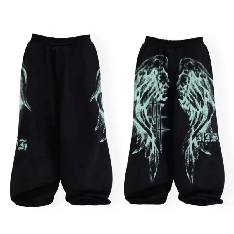 Y2K Gothic Wing Print Baggy Wide Leg Pants | Elastic Waist Oversized Streetwear Trousers | Grunge Aesthetic Summer Casual Pants