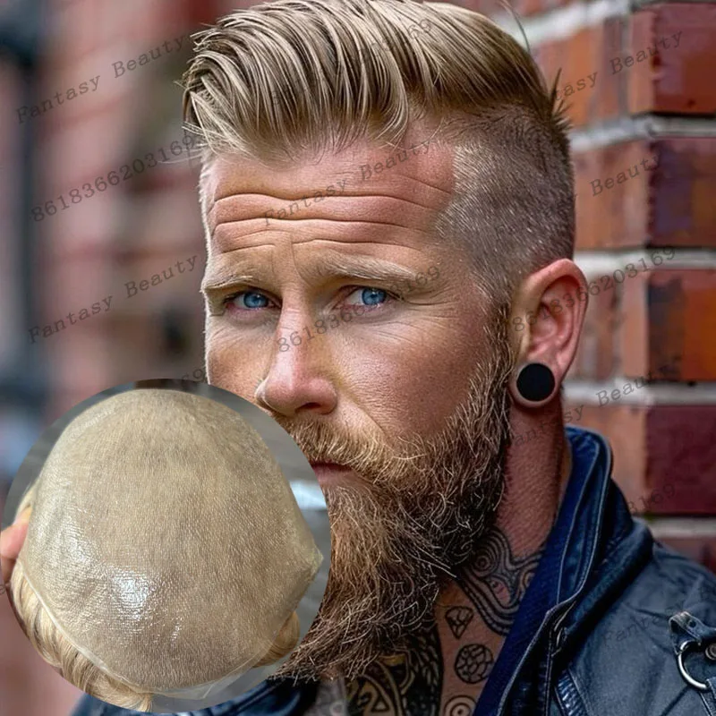 الأوروبي # 22R العسل شقراء 30 مللي متر متموج 100% شعر الإنسان رجل الباروكات شعري طبيعي رقيقة جدا 80 الكثافة خفيفة الوزن الشعر المستعار #1