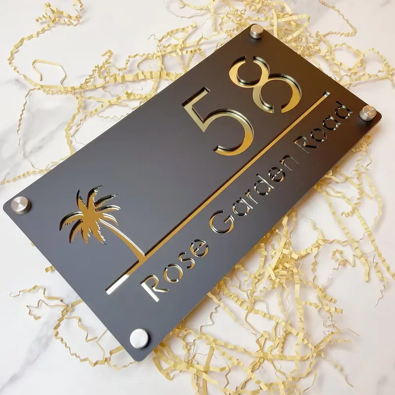 Modern Custom Acrylic House Number Sign - Palm Tree Seaside Door Plate for Outside Address Wall Decor