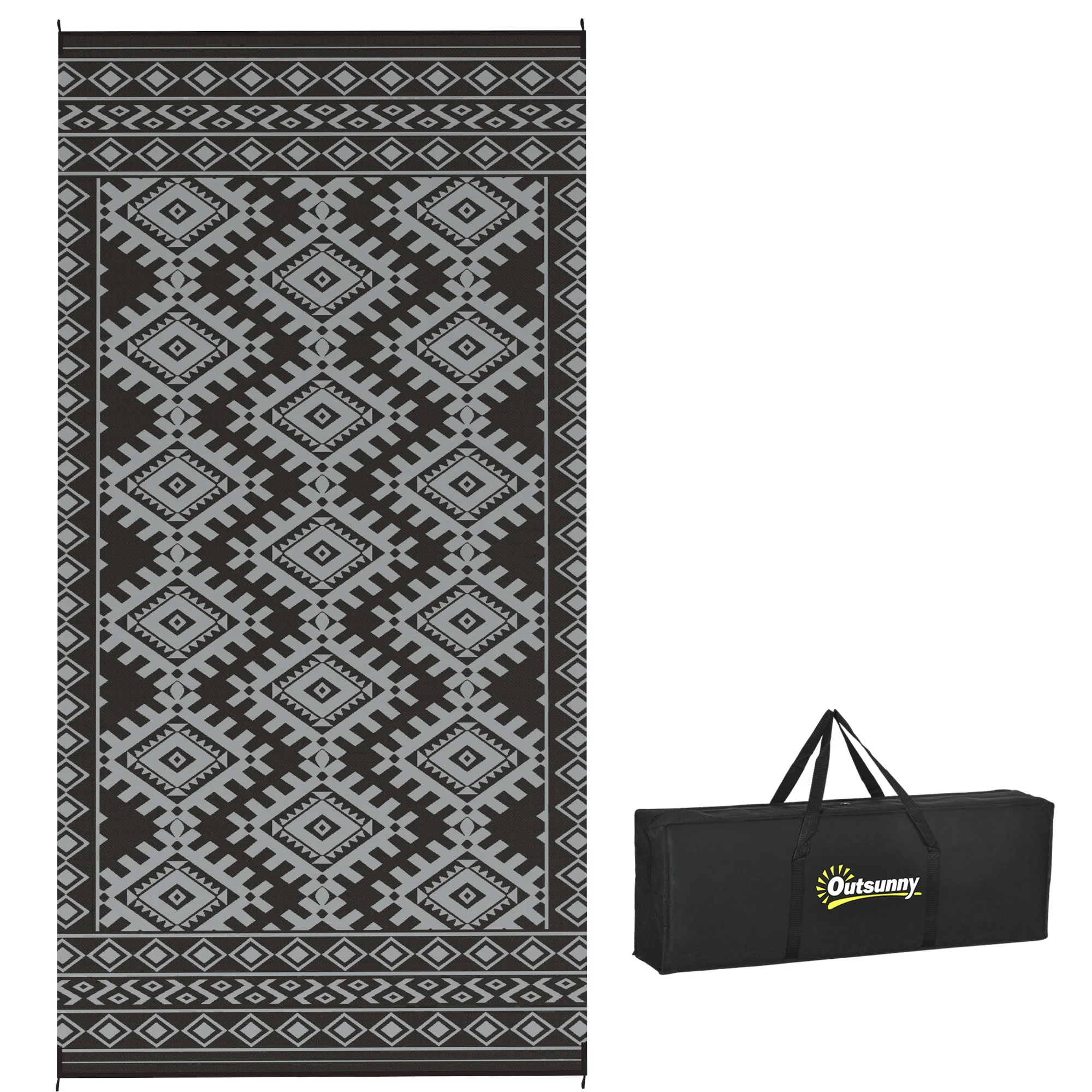 Reversible Outdoor Rug, Waterproof Plastic Straw with Carry Bag, 9' x 18', Black & Gray Rhombus Border