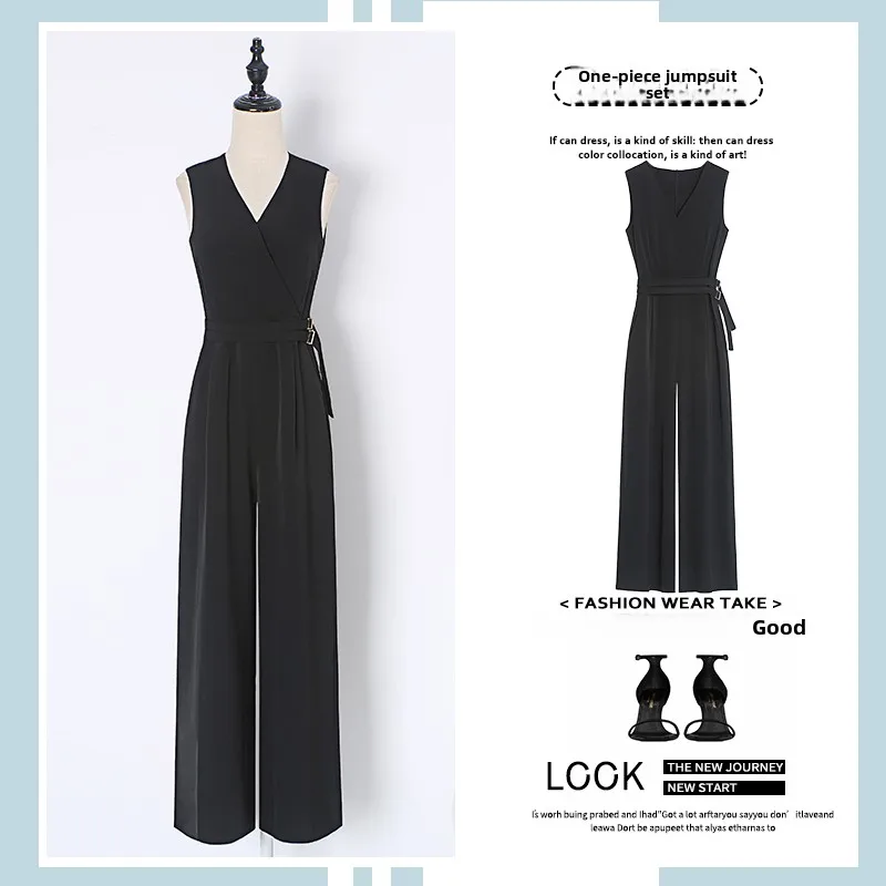 Bla Chiffon Wide Leg Pants Women's Summer High Waist Belted Jumpsuit Slimming Ele Sle Faionable Commute Wear